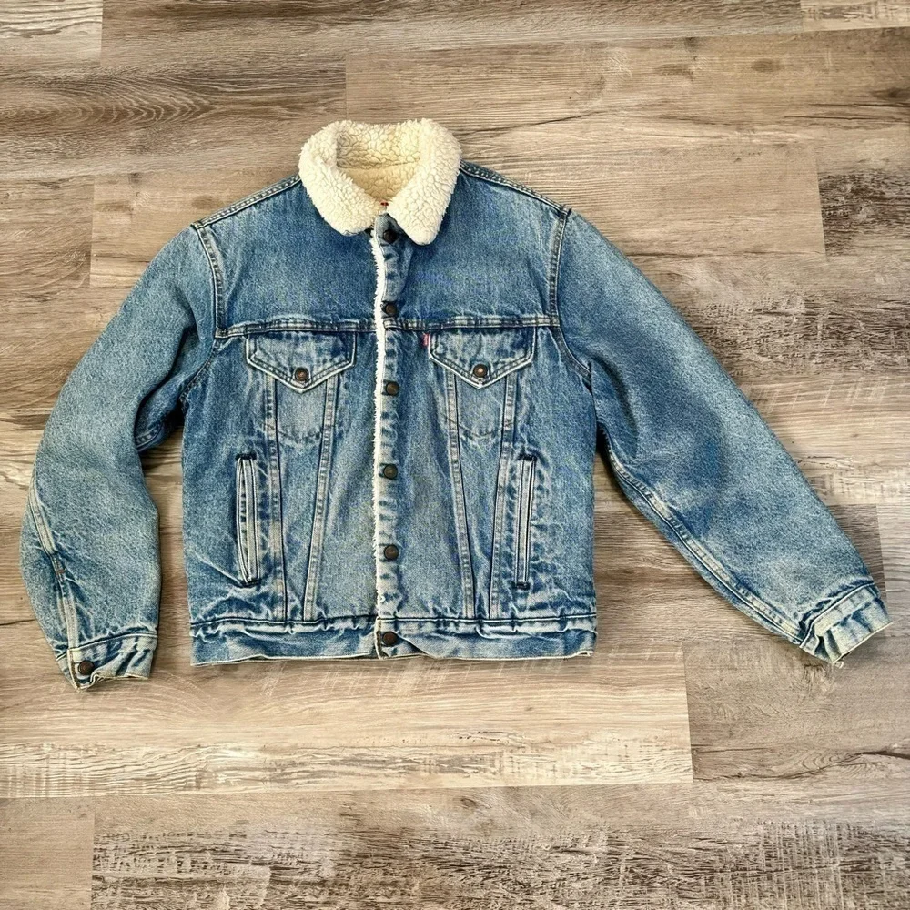 Vintage Levi’s made in USA denim trucker coat jacket fleece lined mens Small - Picture 2 of 5